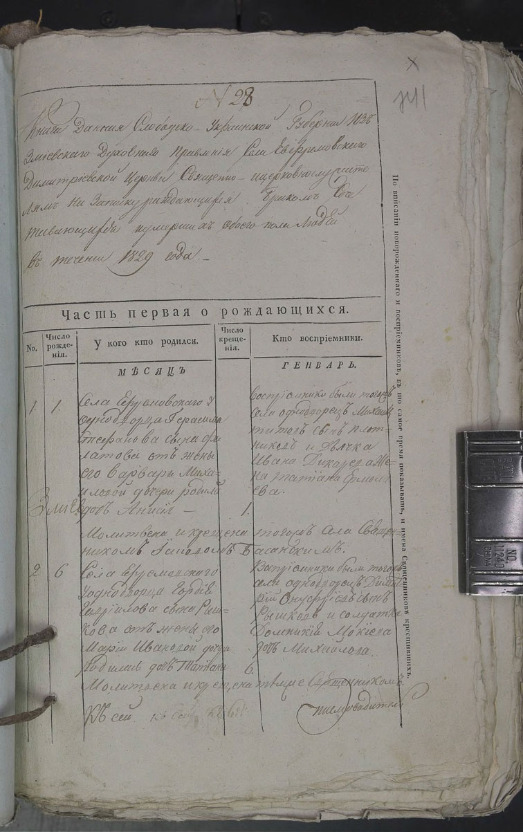 Метрические книги Ефремовки за 1829 год