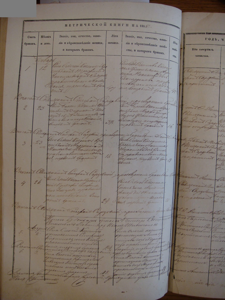 Метрическая книга Троицкой церкви села Охочее за 1855 год (только браки)